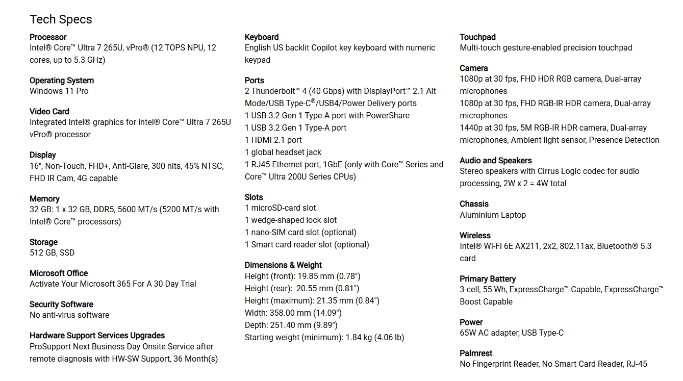 Dell Pro 16 Plus PB16250  16" FHD+ AI CoPilot+ Laptop - Intel Ultra 7-268V vPro 32GB 512GB W11 Pro
