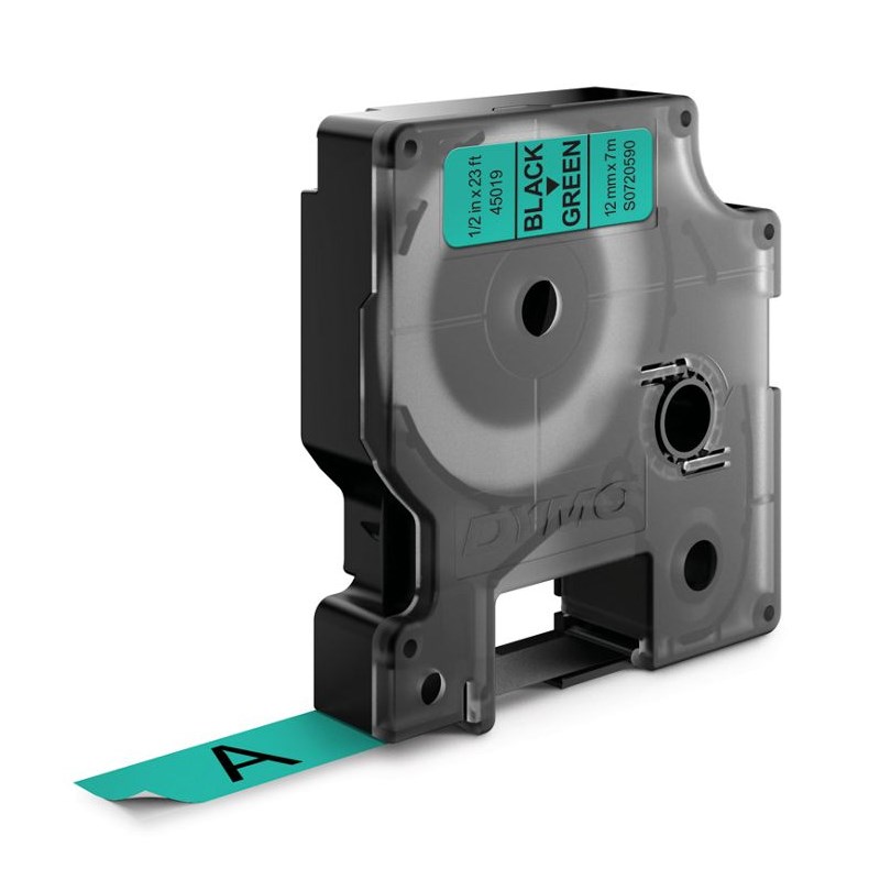 Dymo D1 Standard Label Cassette Tape 12mm x 7m Black on Green