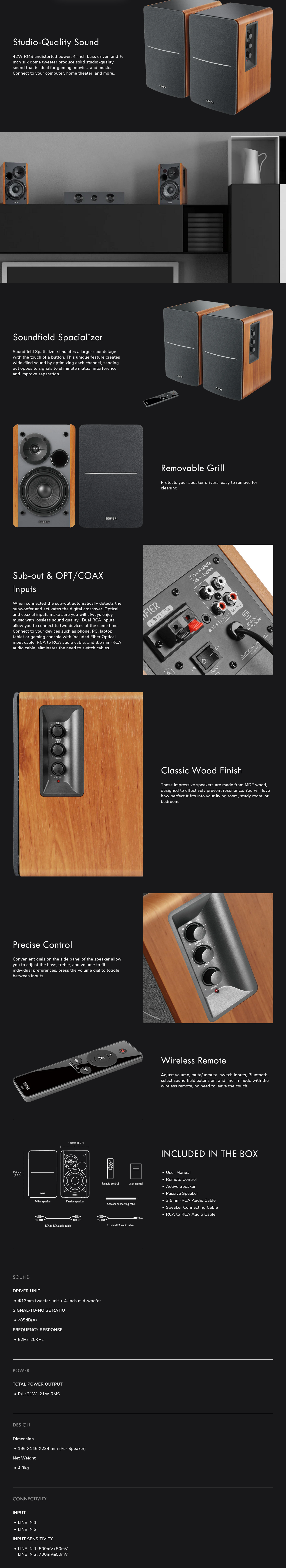 Edifier R1280Ts Powered Bookshelf Speakers With Remote And Subwoofer Out – Wood Grain