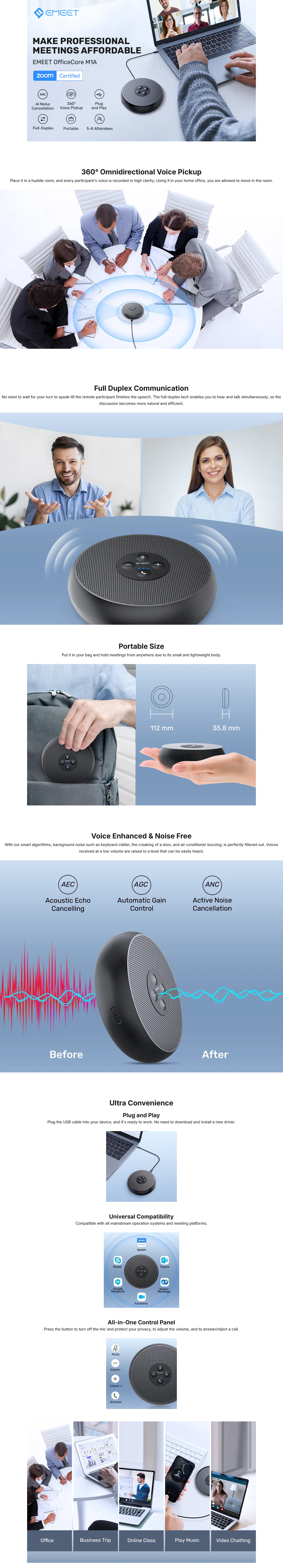 EMEET OfficeCore M1A Zoom-Certified Plug-and-Play USB Speakerphone