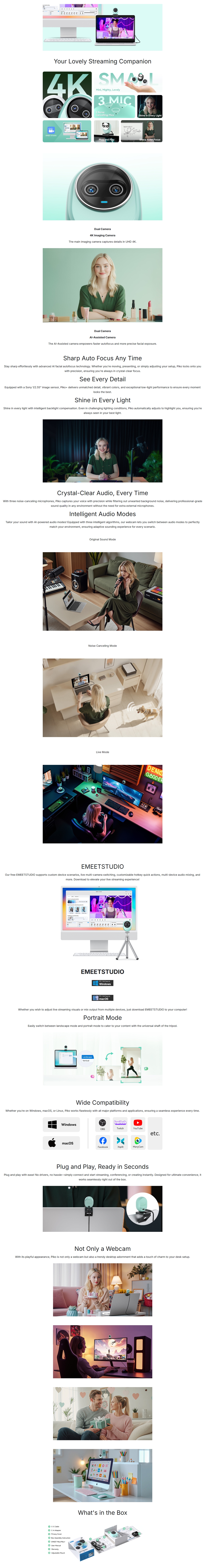 EMEET Piko+ Dual-Camera AI-Powered 4K Webcam - White
