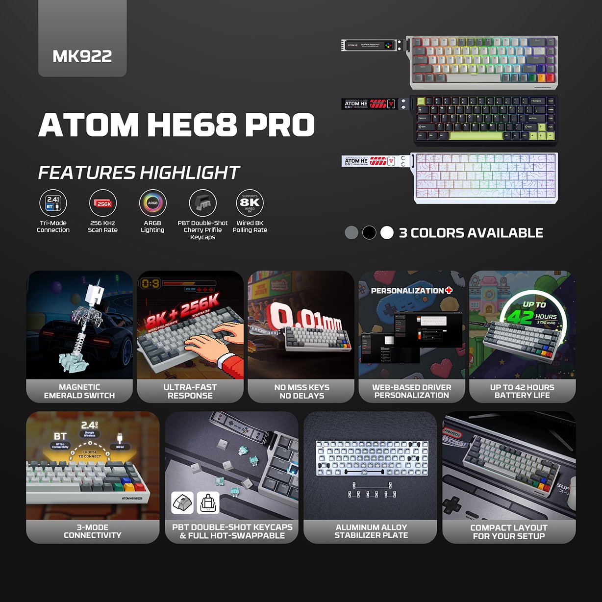 Fantech ATOM HE68 PRO 8K Wireless Keyboard - Magnetic Emerald Switch