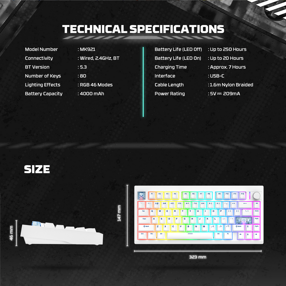 Fantech MAXFIT8 QMK Wireless Mechanical Keyboard - White Switches (Black)