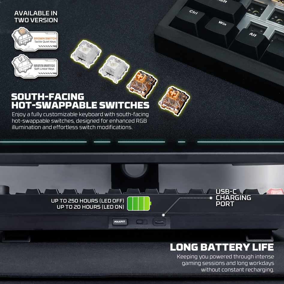 Fantech MAXFIT8 QMK Wireless Mechanical Keyboard - White Switches (Black)