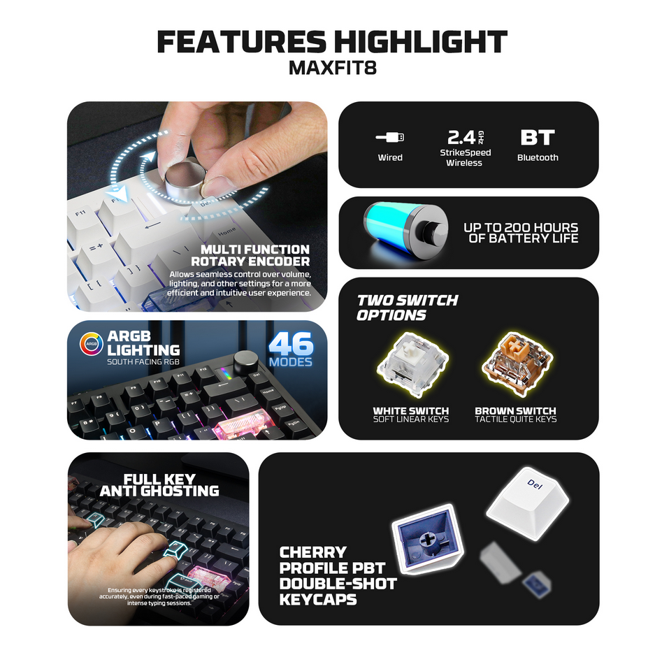 Fantech MAXFIT8 QMK Wireless Mechanical Keyboard - White Switches (White)