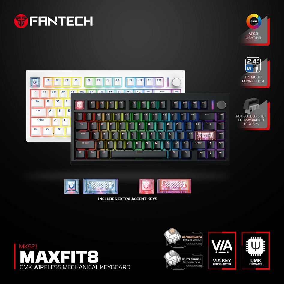 Fantech MAXFIT8 QMK Wireless Mechanical Keyboard - White Switches (White)