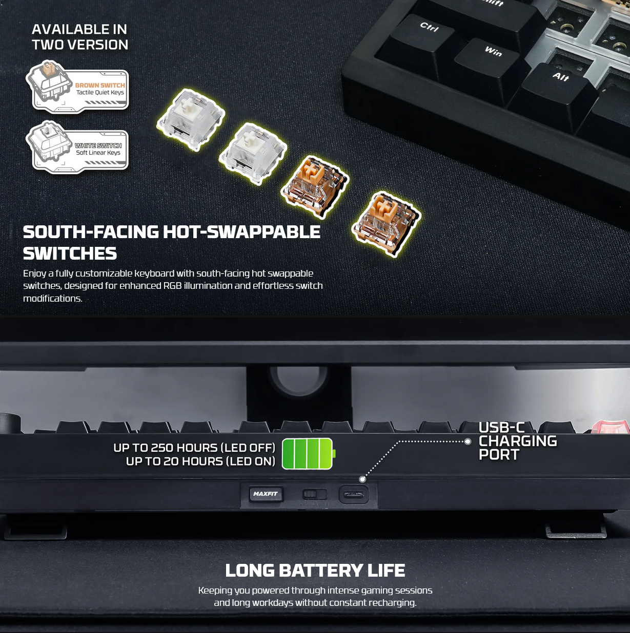 Fantech MAXFIT8 RGB Black Wireless Mechanical Keyboard - Brown Switch