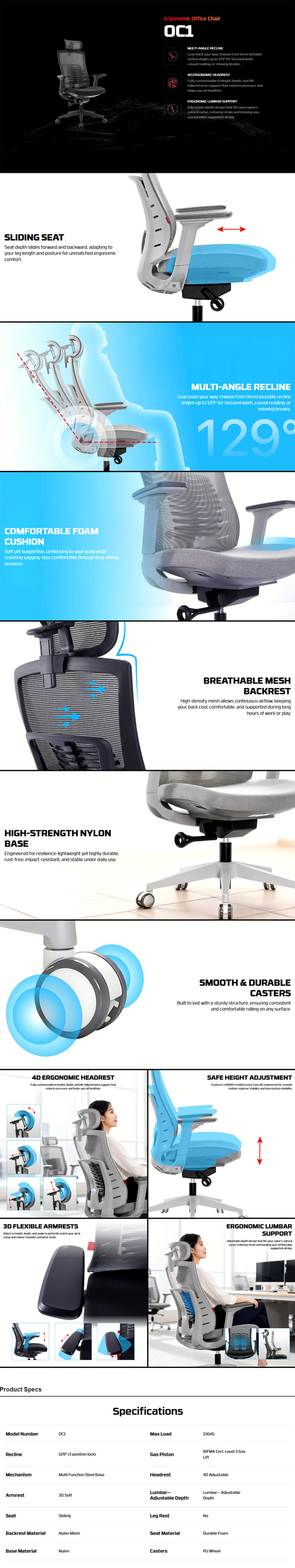 Fantech OC1 Adjustable Lumbar Ergonomic Office Chair - Black