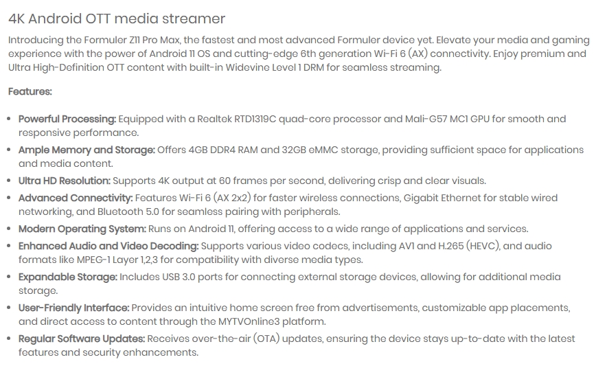 Formuler Z11 Pro Max 4K Android 11 Media Streamer