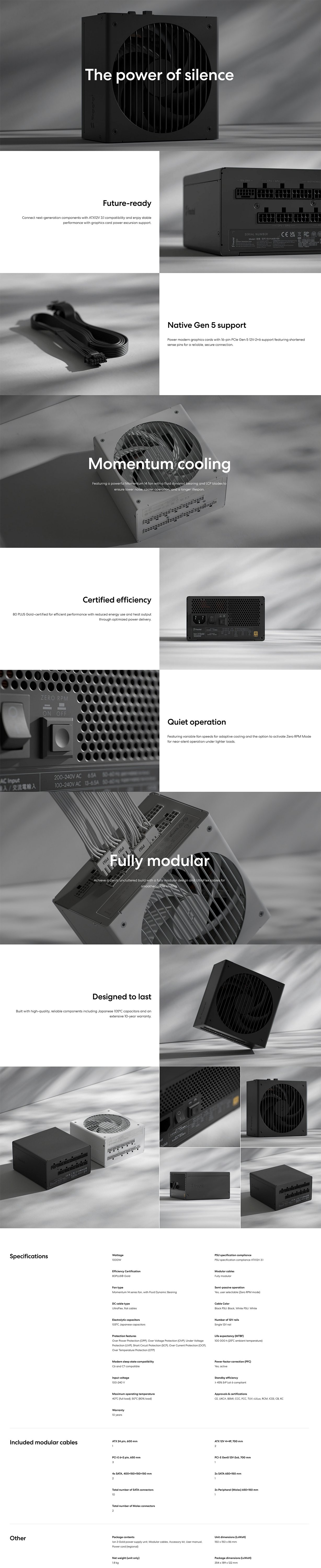 Fractal Design Ion 3 Gold 1000W 80+ Gold PCIe 5.1 ATX 3.1 Fully Modular Power Supply - Black