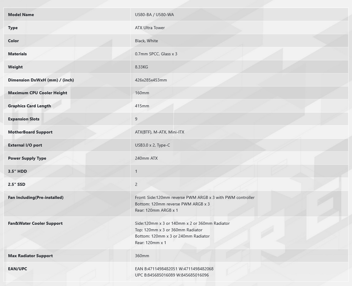 FSP Lifestyle U580 Ultra-Tower ARGB ATX Case - White - U580-WA | Mwave