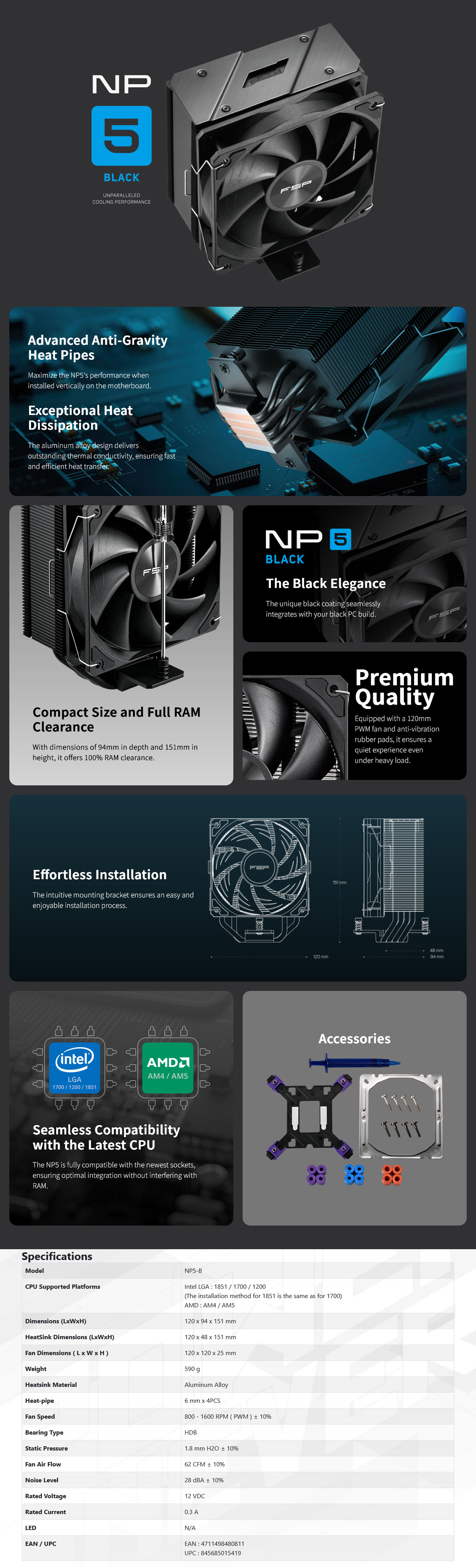 FSP NP5-B CPU Air Cooler - Black