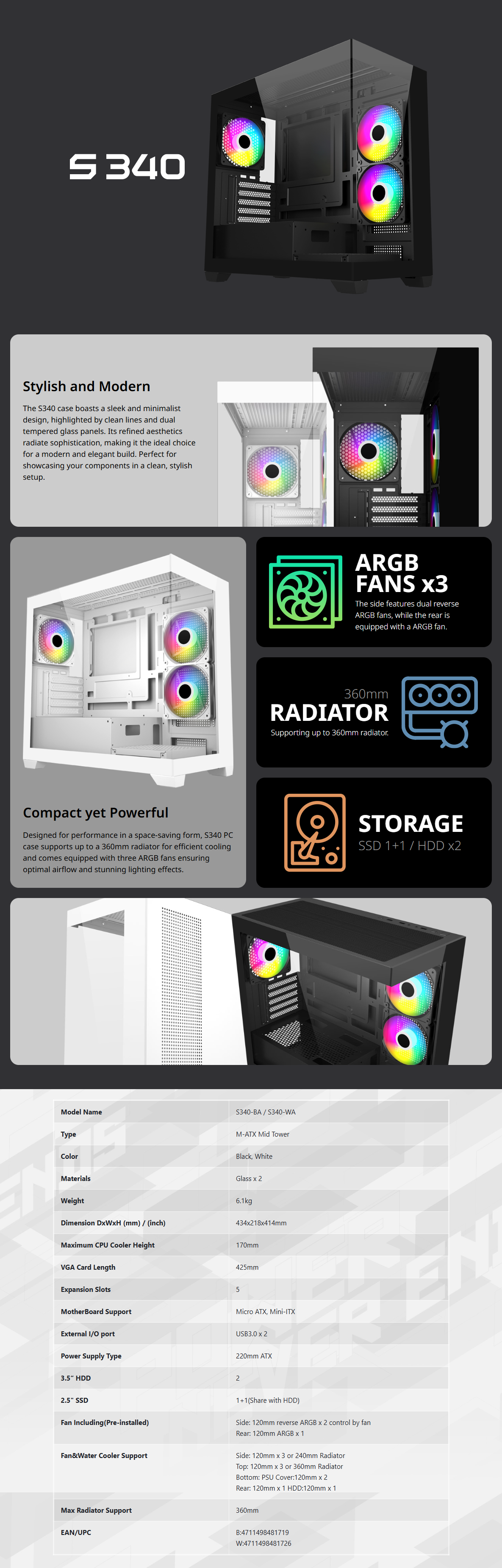 FSP S340 ARGB Tempered Glass Mid-Tower Micro-ATX Case - White - S340-WA |  Mwave