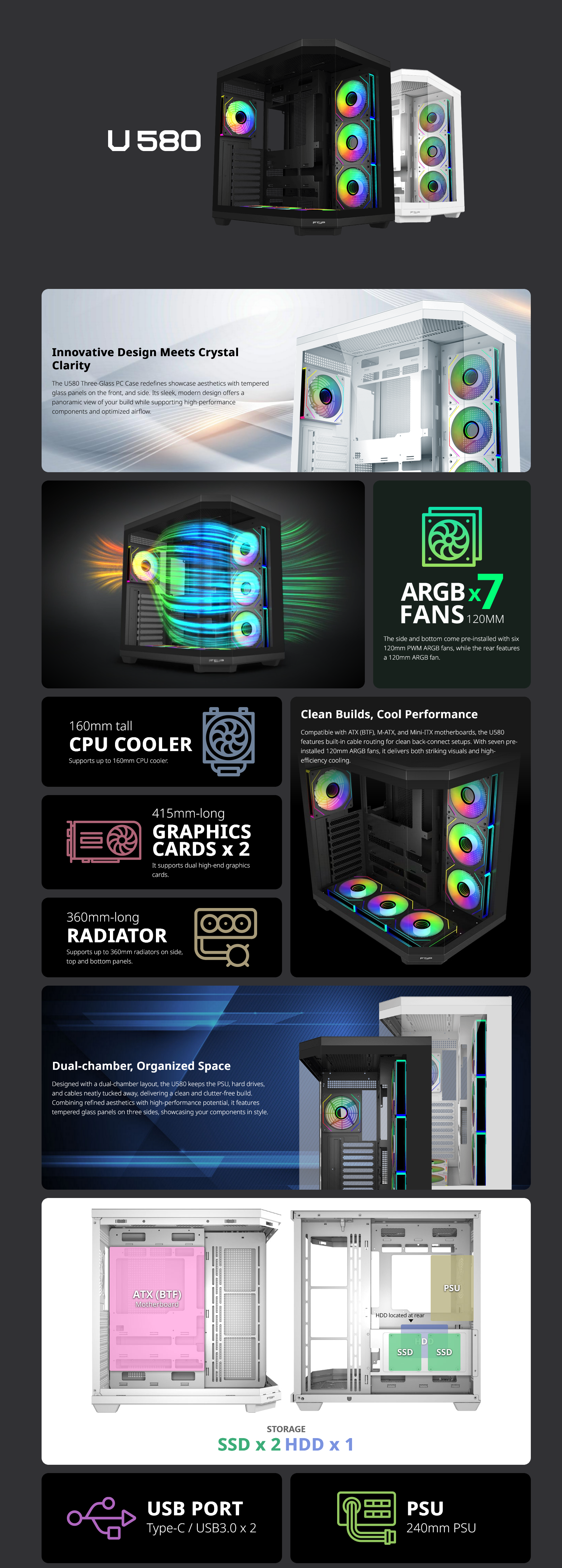 FSP U580 Ultra-Tower ARGB ATX Case - Black - U580-BA | Mwave