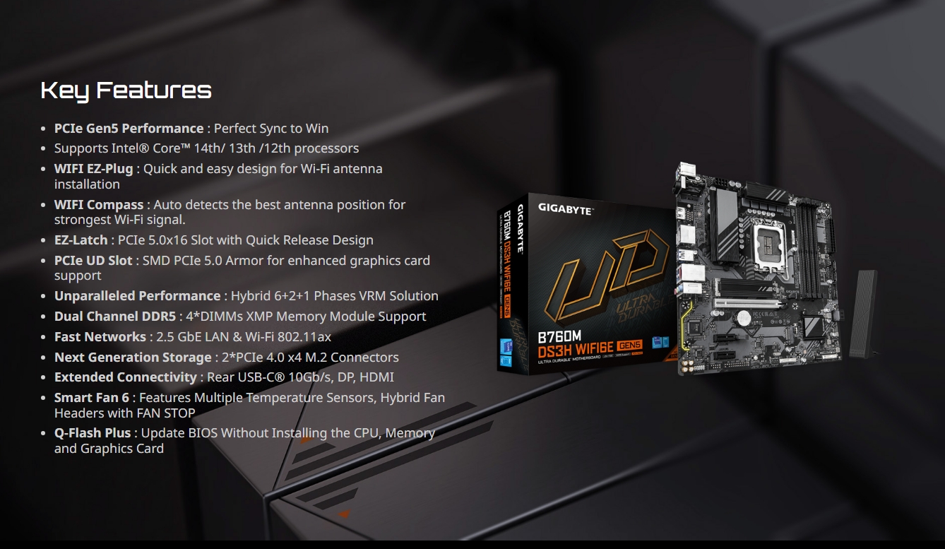 Gigabyte B760M DS3H WIFI 6E GEN 5 Intel LGA 1700 Micro-ATX Motherboard