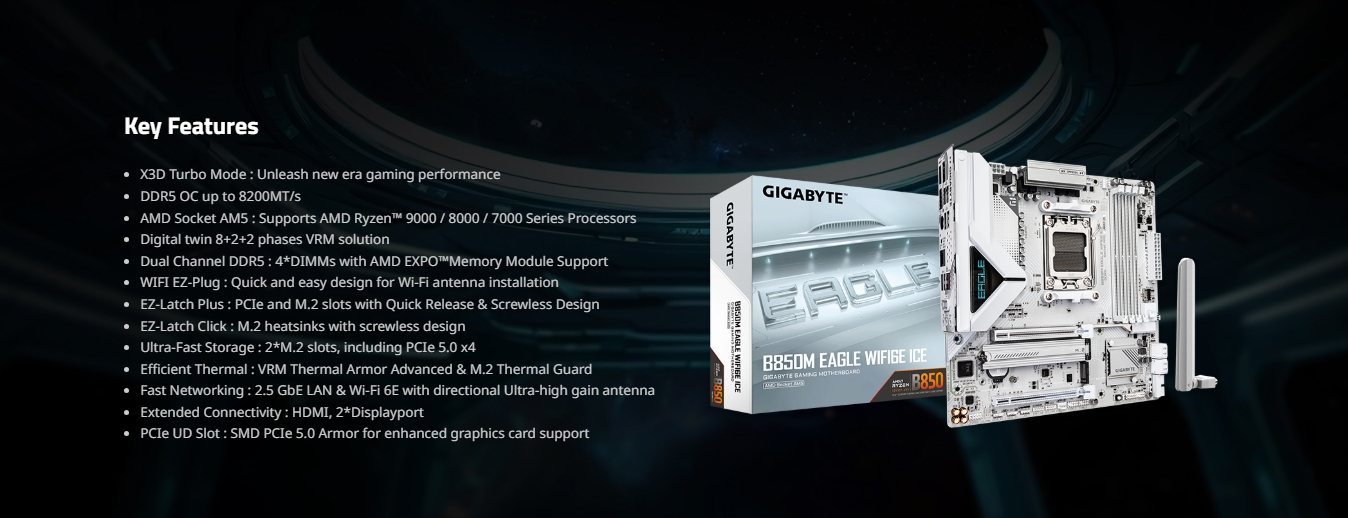 Gigabyte B850M EAGLE WIFI 6E ICE AM5 Micro-ATX Motherboard - White