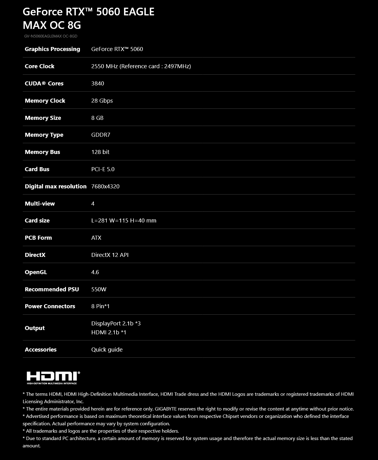 Gigabyte GeForce RTX 5060 EAGLE MAX OC 8GB GDDR7 Video Card