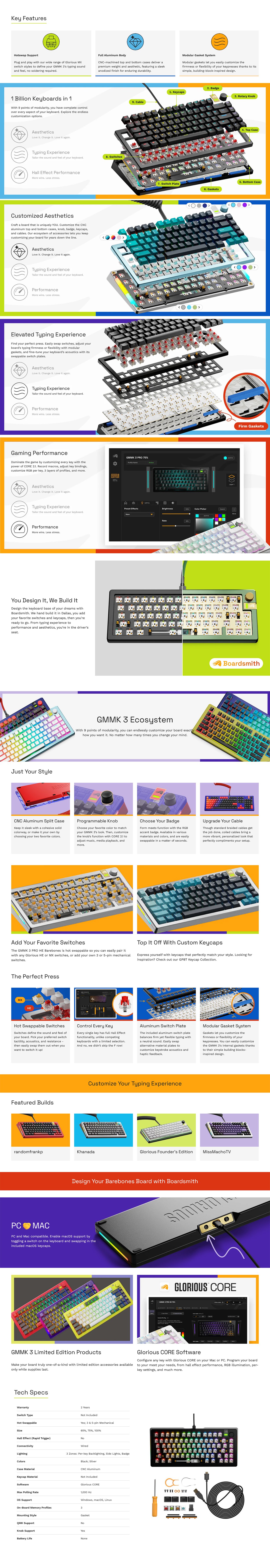 Glorious GMMK 3 65% Barebone Wired Gaming Keyboard - Black