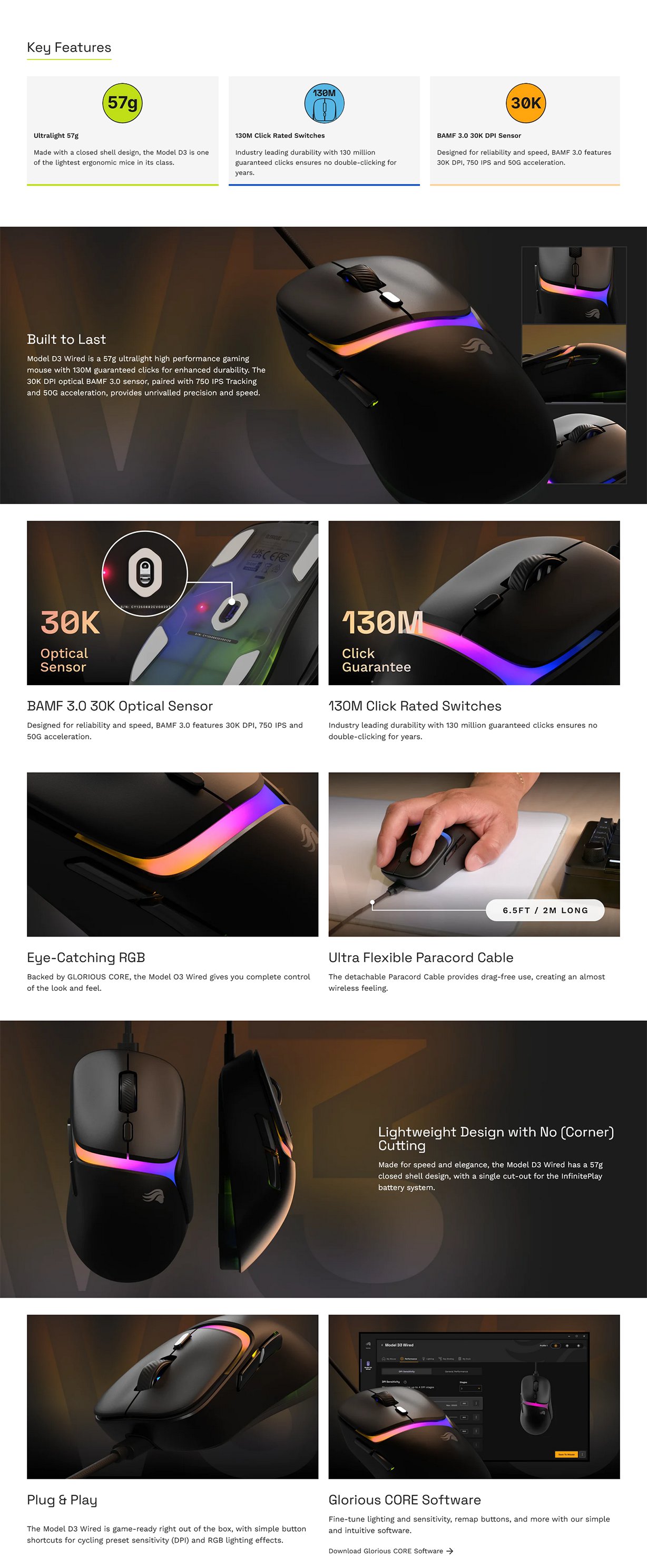 Glorious Model D 3 Wired BAMF 3.0 Optical Gaming Mouse Black