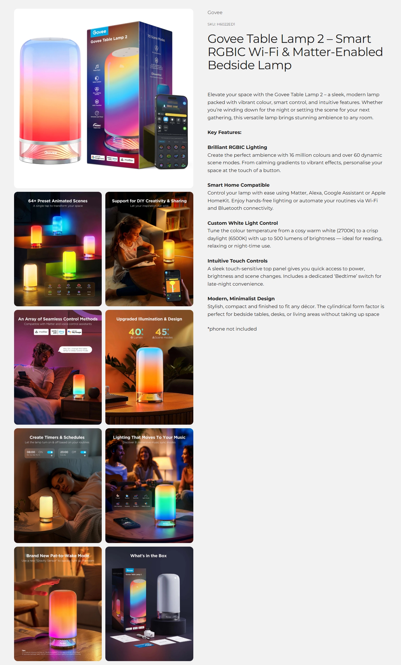 Govee Smart RGBIC Wi-Fi & Matter-Enabled Bedside Table Lamp 2