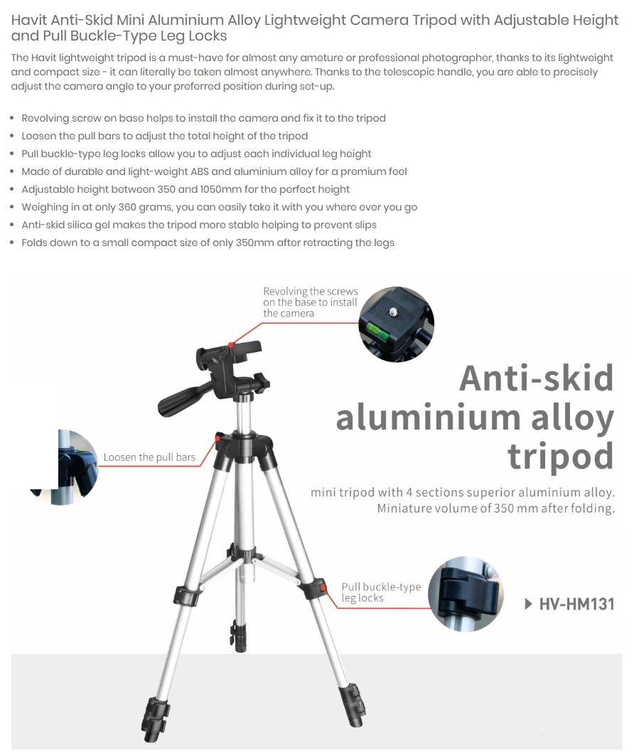 Havit Aluminium Alloy Lightweight Camera Tripod w/ Adjustable Height