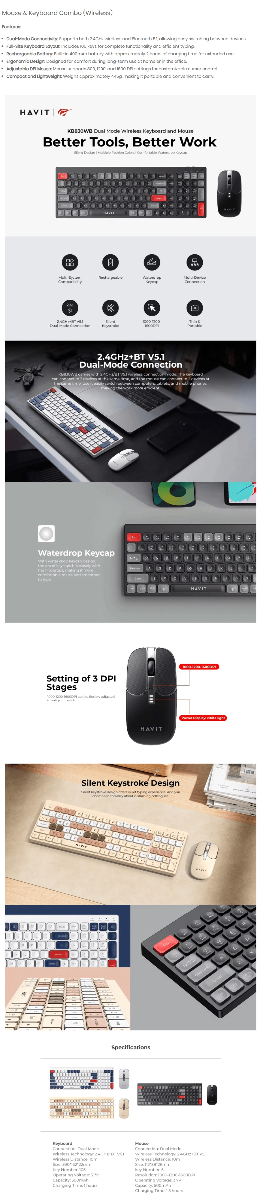 Havit Dual-Mode Wireless 2.4Ghz + Bluetooth Keyboard & Mouse - White