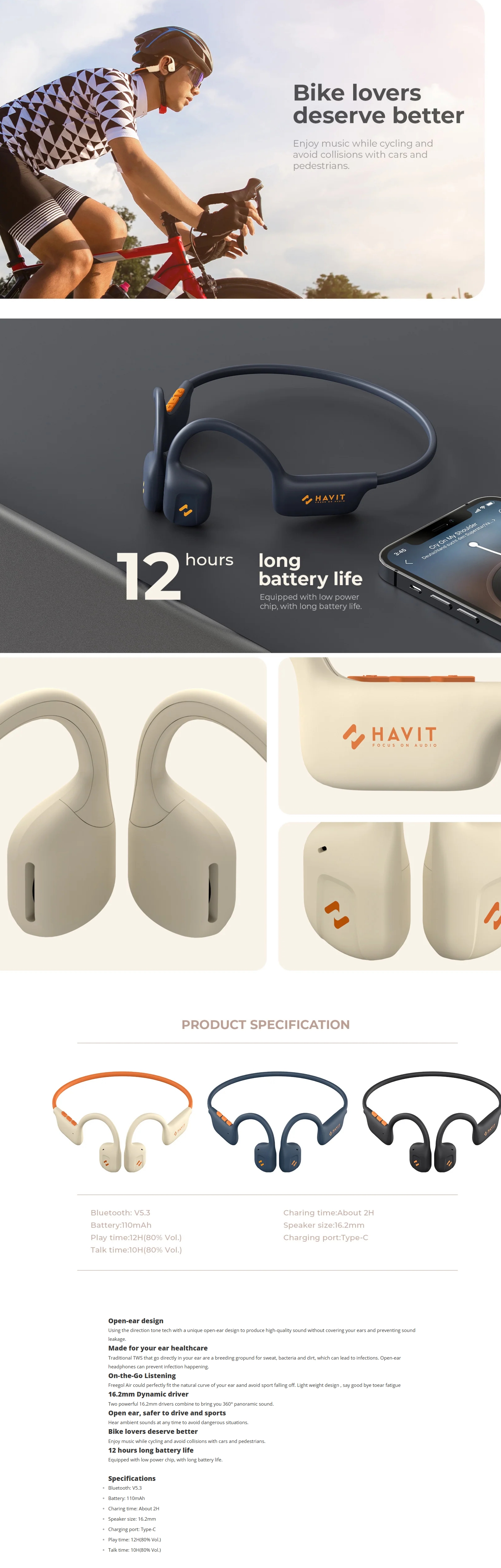 Havit E510BT Freego1 Air Open Ear Air Conduction Headphones - Beige