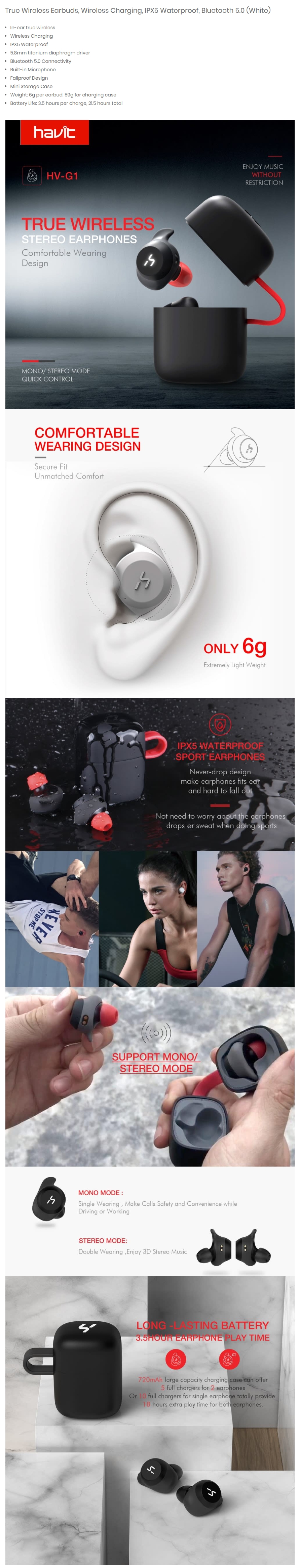 Havit G1W White True Wireless Earbuds Wireless Charging Bluetooth 5.0