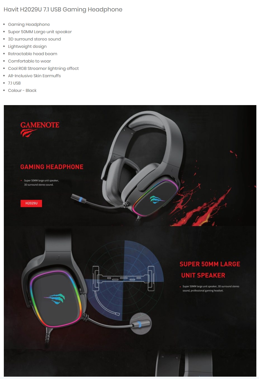 Havit H2029U 7.1 USB Surround Sound RGB Gaming Headphone