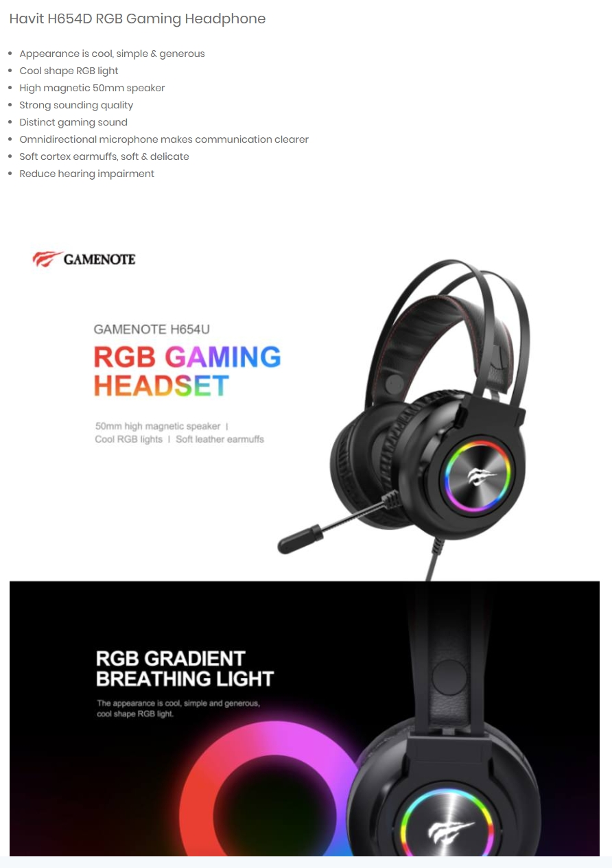 Havit H654D RGB Gaming Headset Microphone 3.5mm AUX USB Headphone