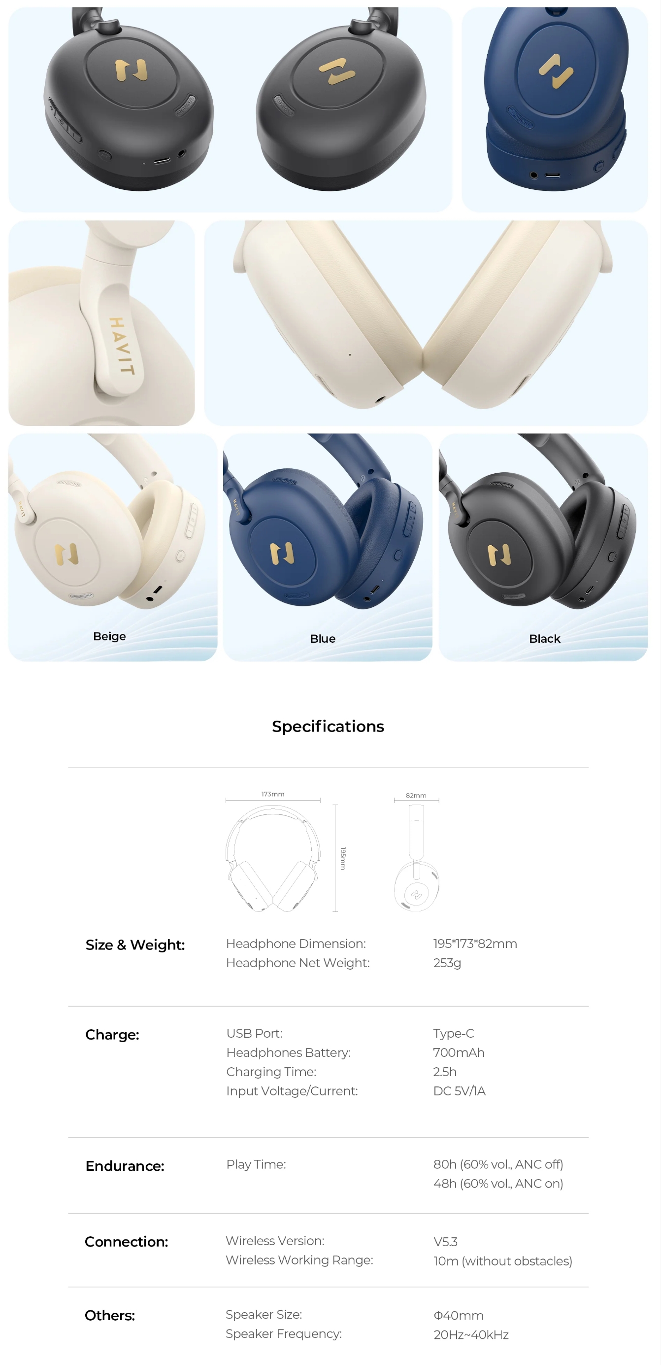 Havit Hybrid Active Noise Cancellation Wireless Headphone - Beige