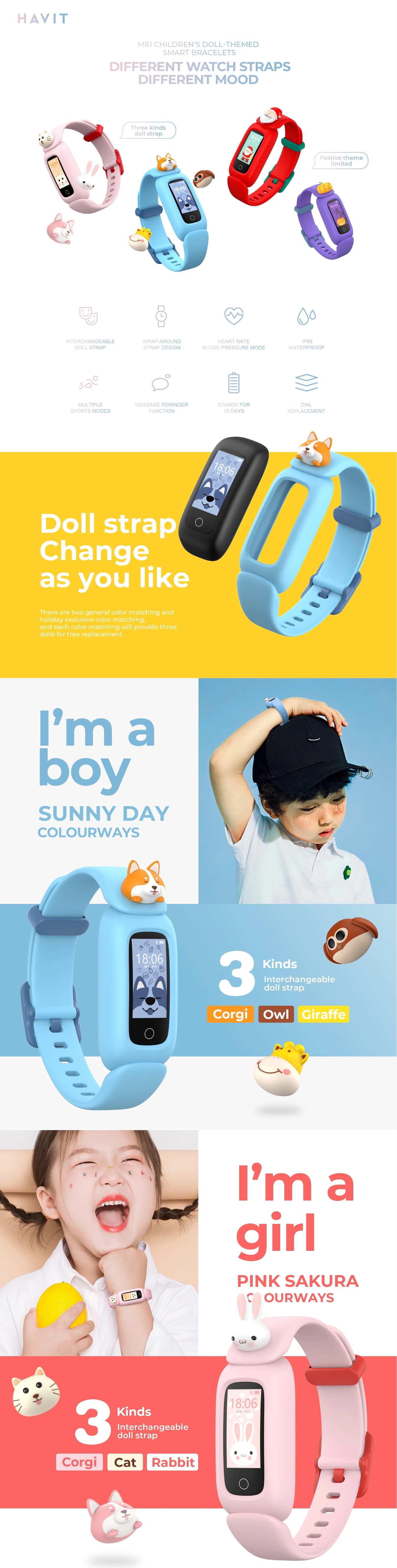 Havit IP68 Waterproof Kids Smart Watch Bracelet - Blue