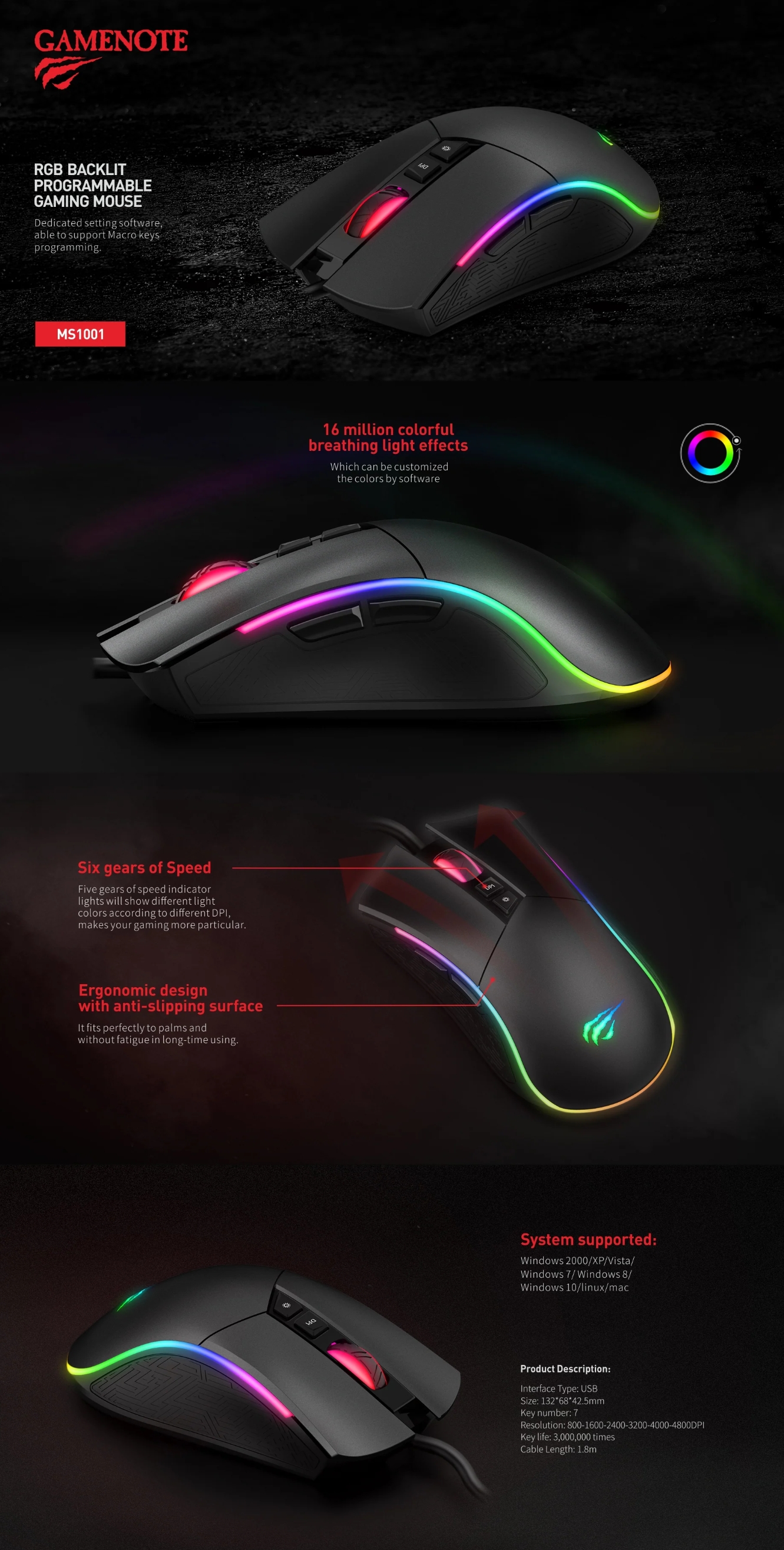 Havit MS1001 RGB Backlit Wired 7200DPI 7 Buttons Gaming Mouse