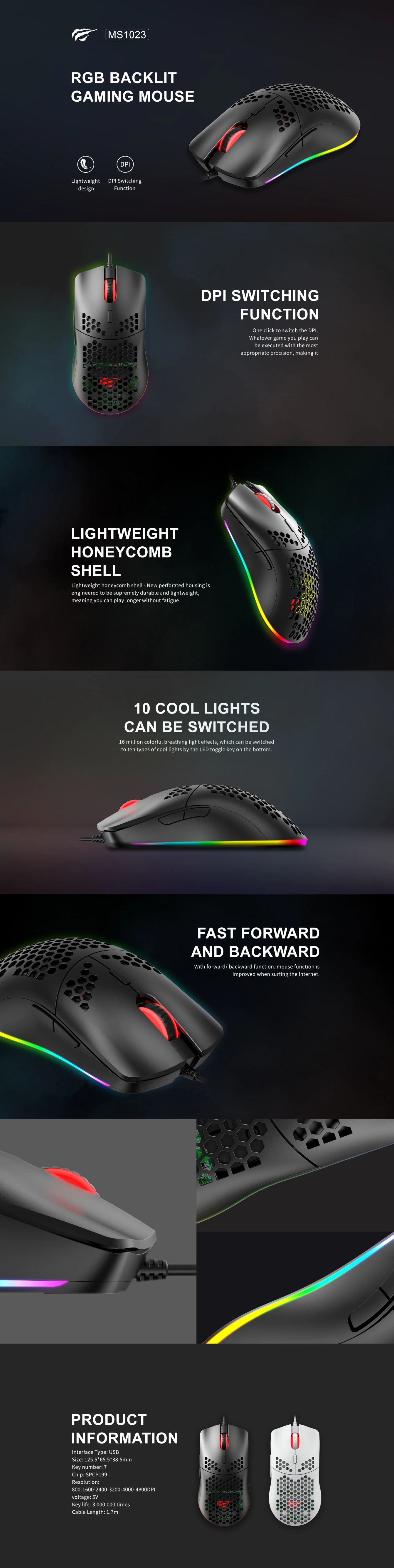 Havit MS1023 RGB Backlit 6400 DPI Honeycomb Shell Gaming Mouse