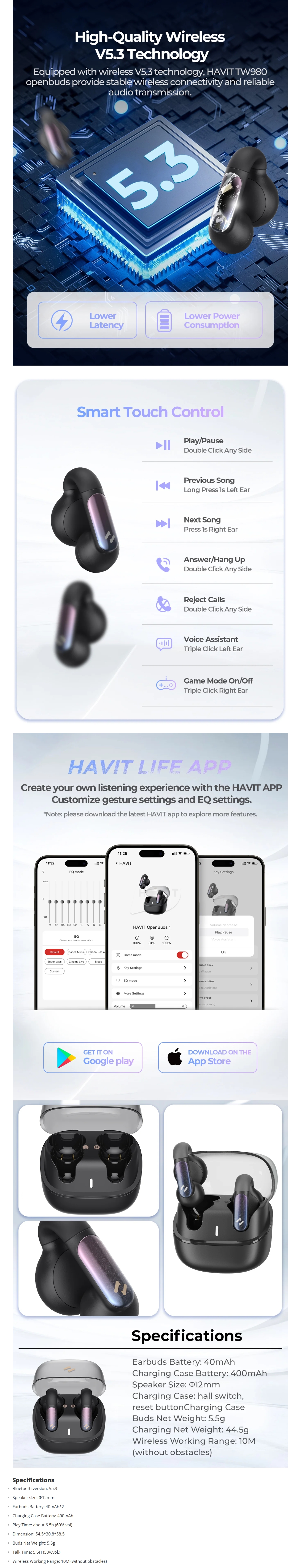 Havit TWS Open-Ear Noise Cancelling Dual Connection Earbuds - Beige