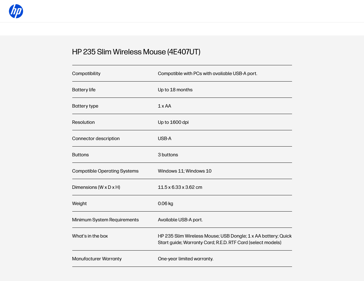 HP 235 Slim USB Wireless Optical Mouse