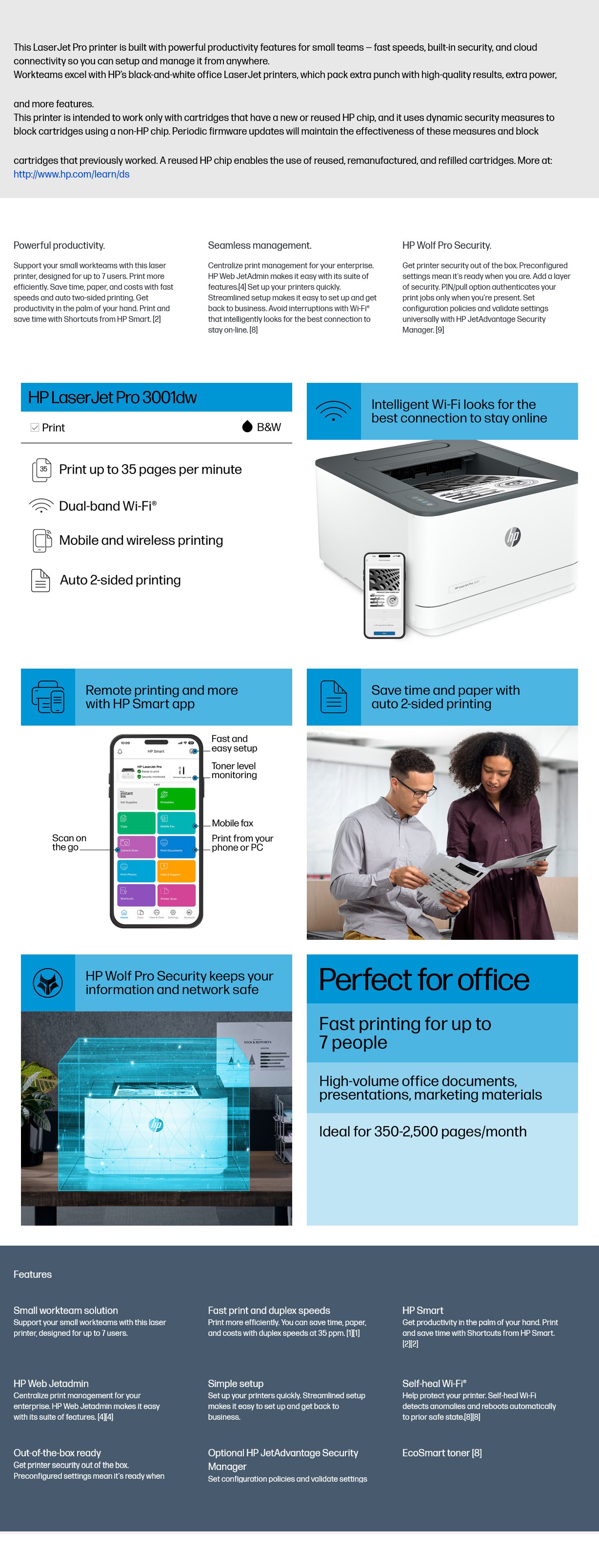 HP LaserJet Pro 3001dw A4 Mono Wireless Laser Printer
