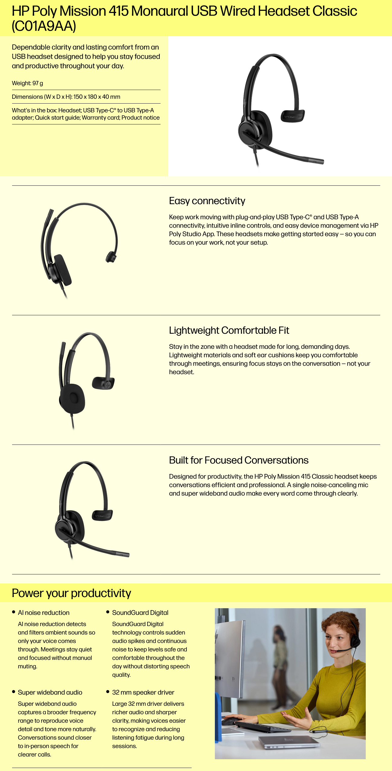 HP Poly Mission C01A9AA 415 Classic Monaural USB Wired Headset - Foam Cushion