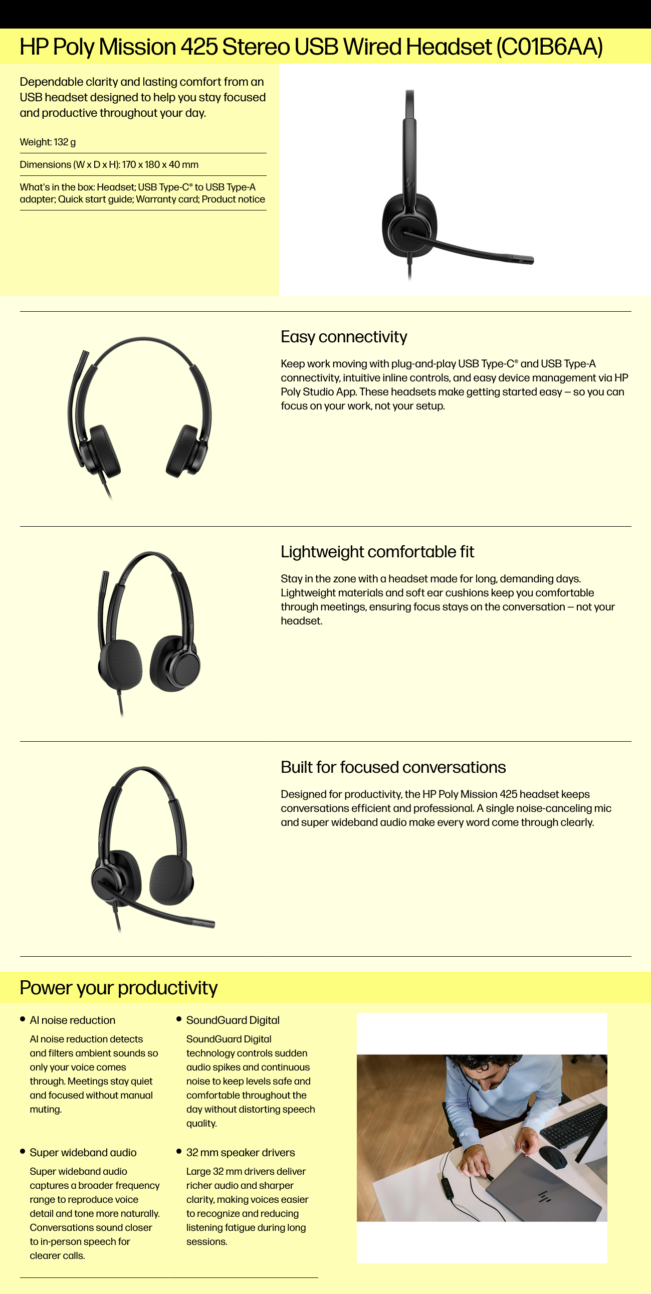 HP Poly Mission C01B6AA 425 Stereo USB Wired Headset