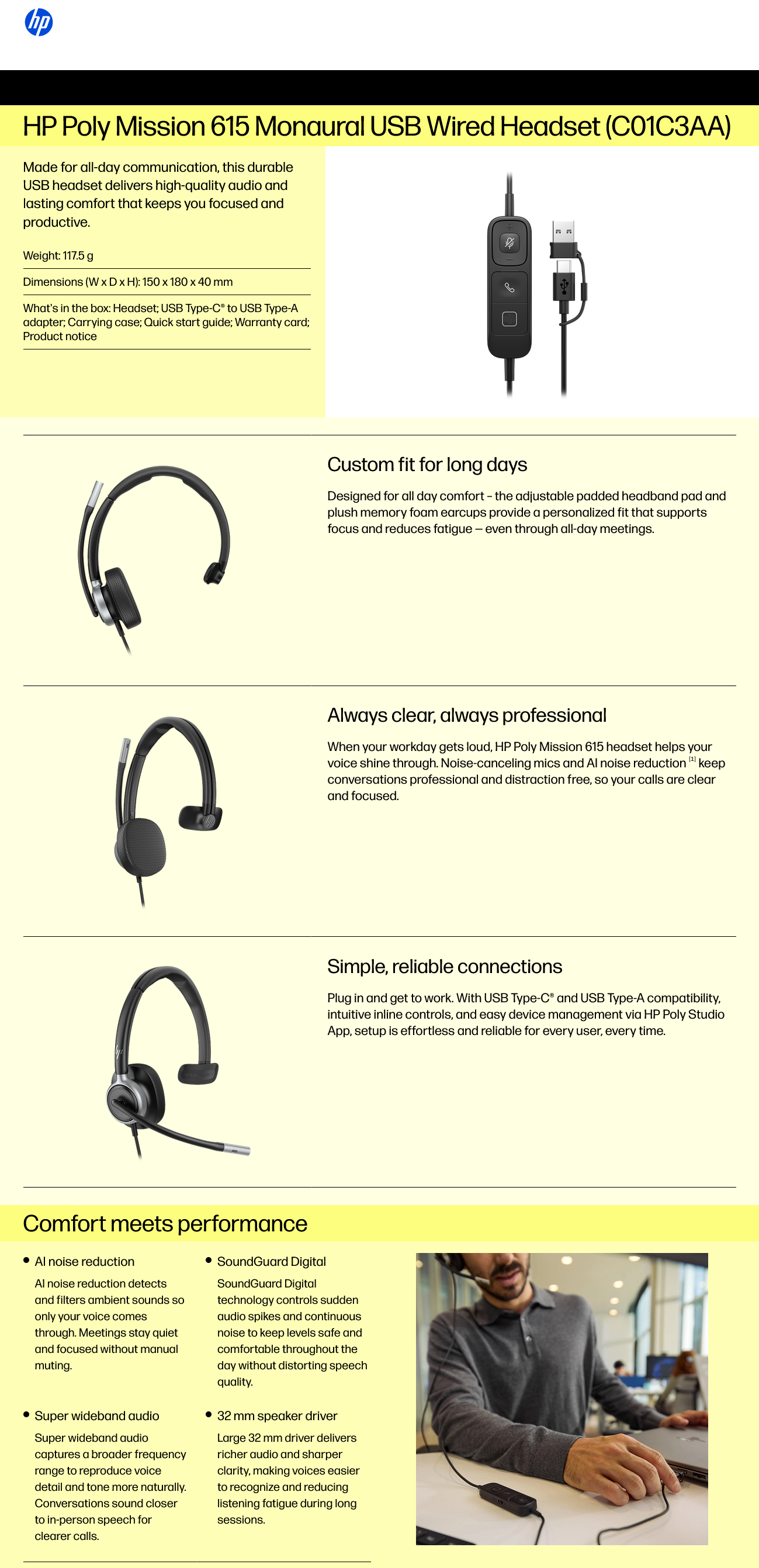 HP Poly Mission C01C3AA 615 Monaural USB Wired Headset