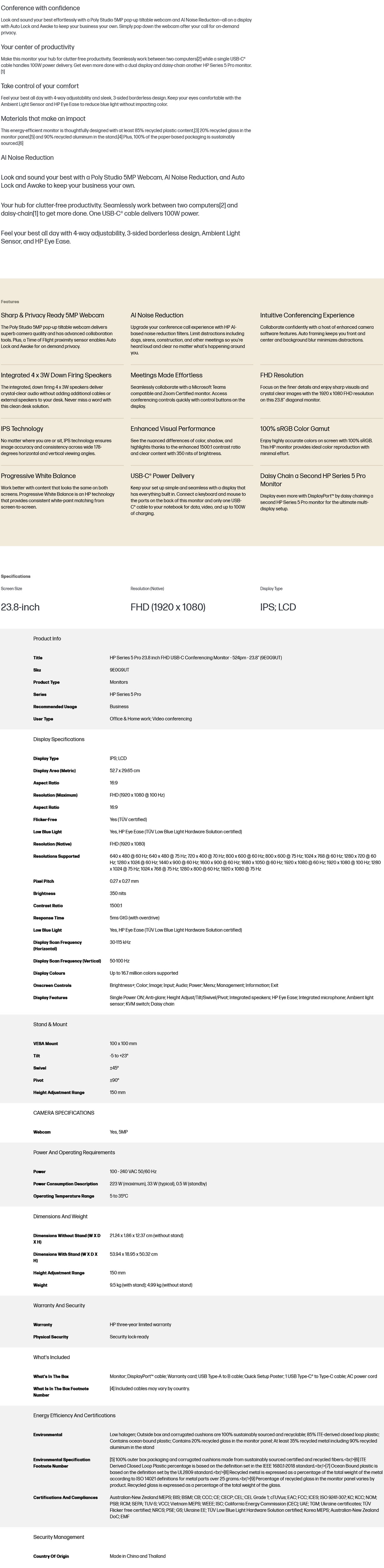 HP Series 5 Pro 524PM 23.8" Full HD IR Webcam USB-C 100W PD IPS Monitor