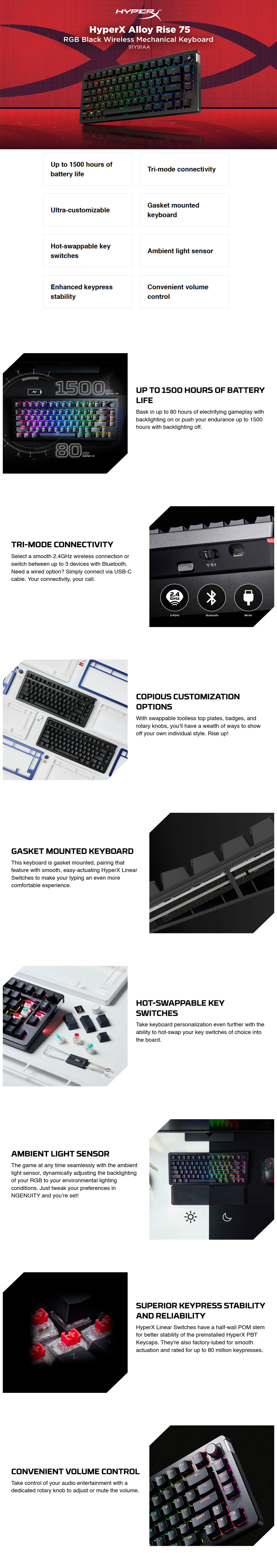 HyperX Rise 75 Hot-Swappable Wireless RGB Mechanical Gaming Keyboard - HyperX Red Switches