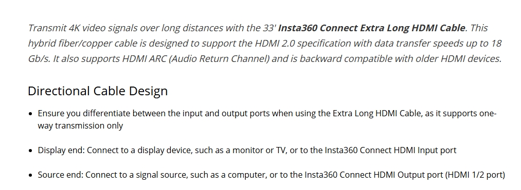 Insta360 Connect 10m Extra Long HDMI Cable