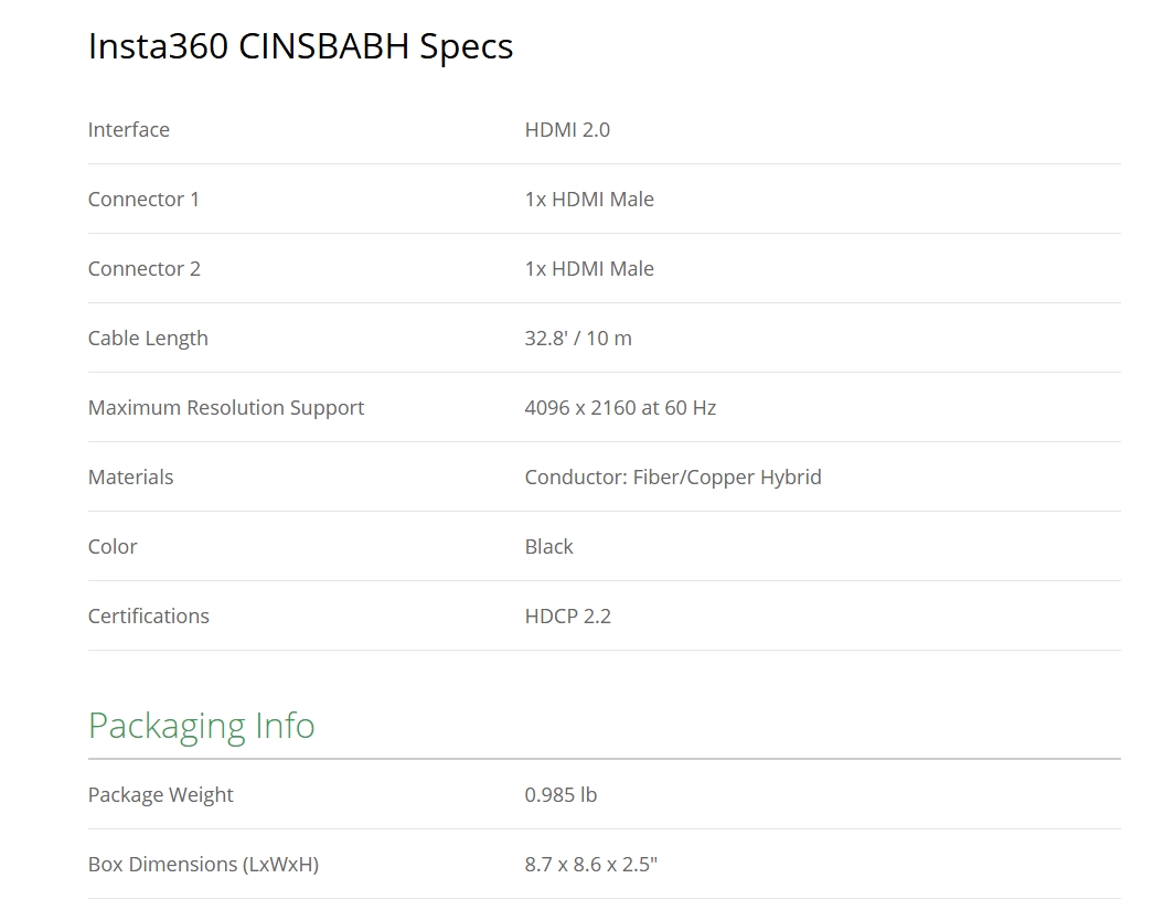 Insta360 Connect 10m Extra Long HDMI Cable