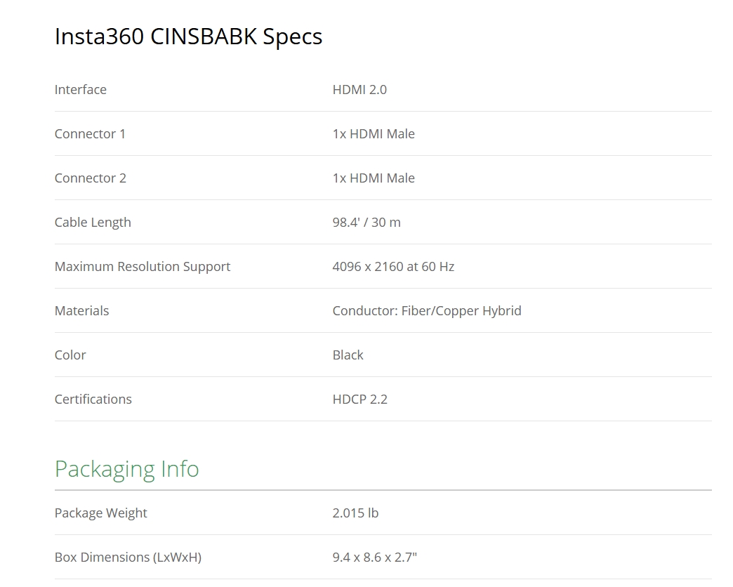Insta360 Connect 30m Extra Long HDMI Cable