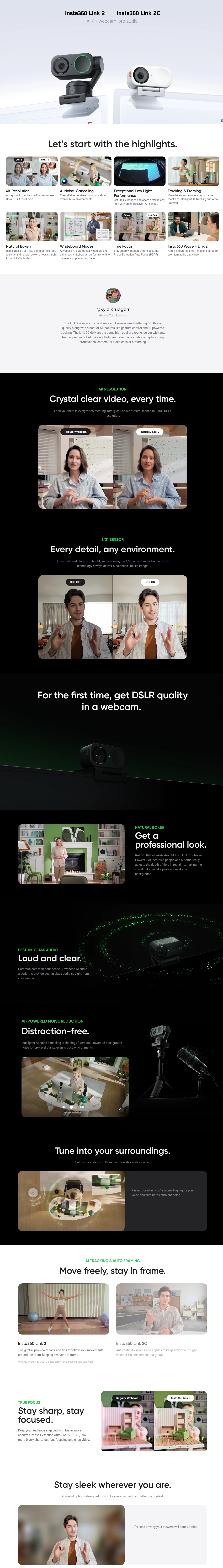 Insta360 Link 2 4K PTZ AI Webcam with Gimbal - Black