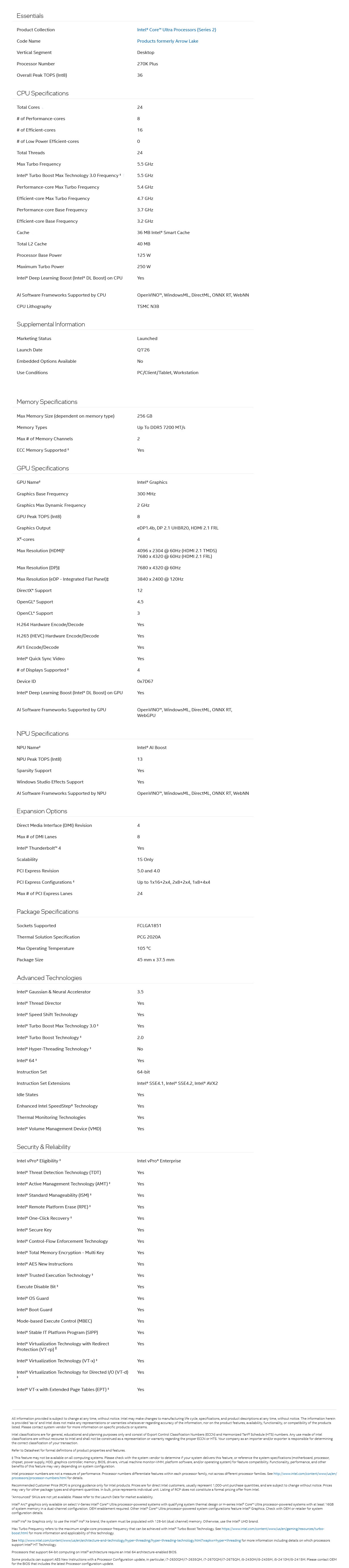 Intel Core Ultra 7 270K Plus 24 cores up to 5.5GHz LGA 1851 CPU Processor