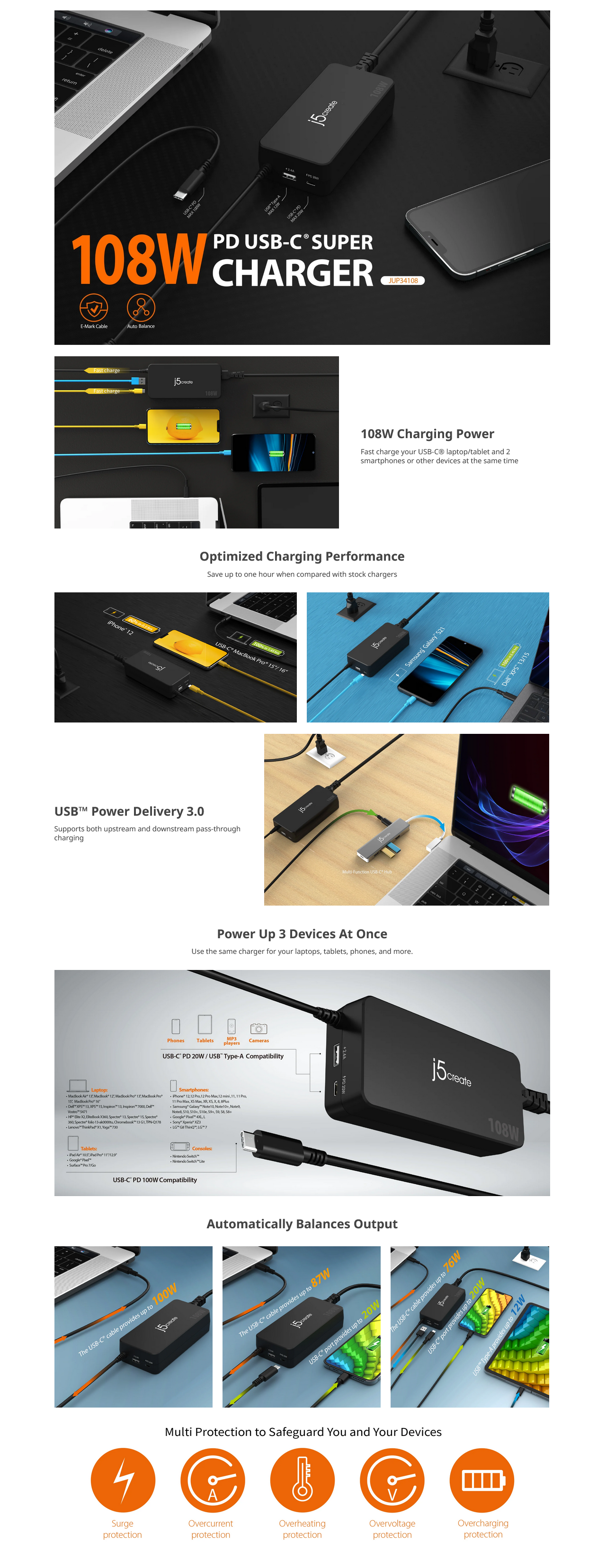 j5create 108W Fast GaN 3-Port USB-C + USB-A Charger