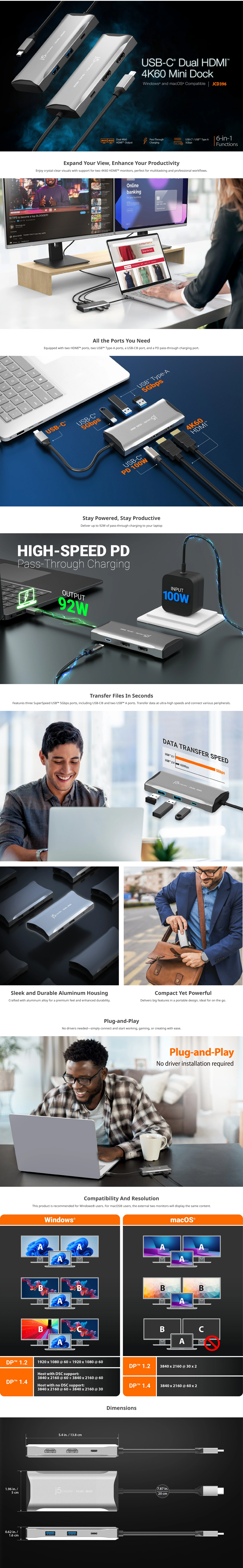 j5create JCD396 USB-C Dual HDMI 4K60 Mini Dock