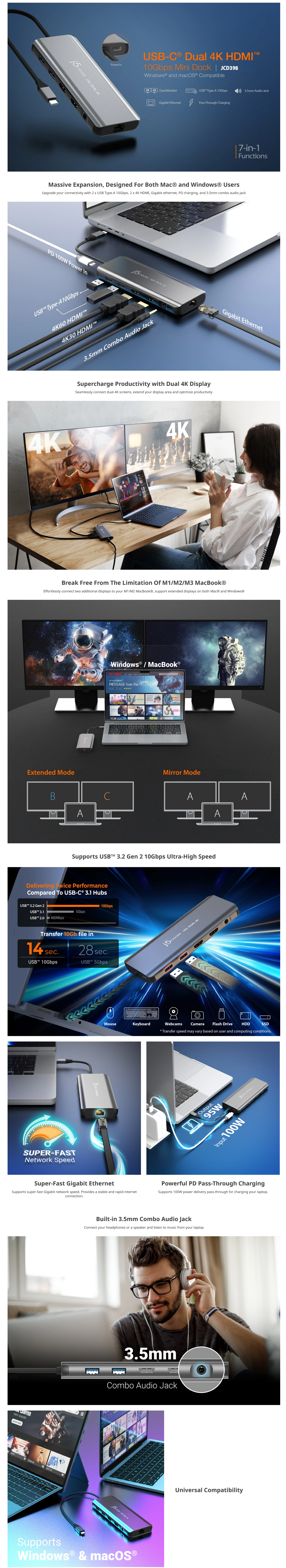j5create JCD398 USB-C Dual 4K HDMI 10Gbps Mini Dock